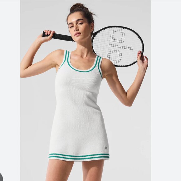 NWT'S ALO Tennis Club Sweater Knit Dress - White/Spruce Green  Size Medium - Picture 1 of 8